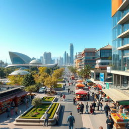 A vibrant and futuristic cityscape of Tehran in the year 2025, featuring modern architecture and green spaces, bustling streets filled with people, colorful market stalls, and advanced technology integrated into everyday life