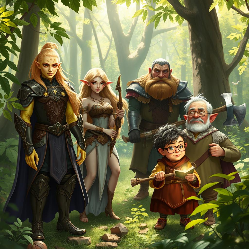A vibrant fantasy forest scene featuring a diverse Dungeons and Dragons group