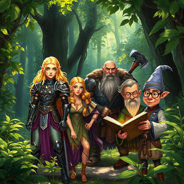 A vibrant fantasy forest scene featuring a diverse Dungeons and Dragons group