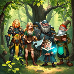 A vibrant fantasy forest scene featuring a diverse Dungeons and Dragons group
