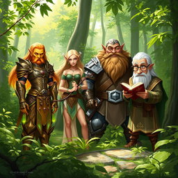 A vibrant fantasy forest scene featuring a diverse Dungeons and Dragons group