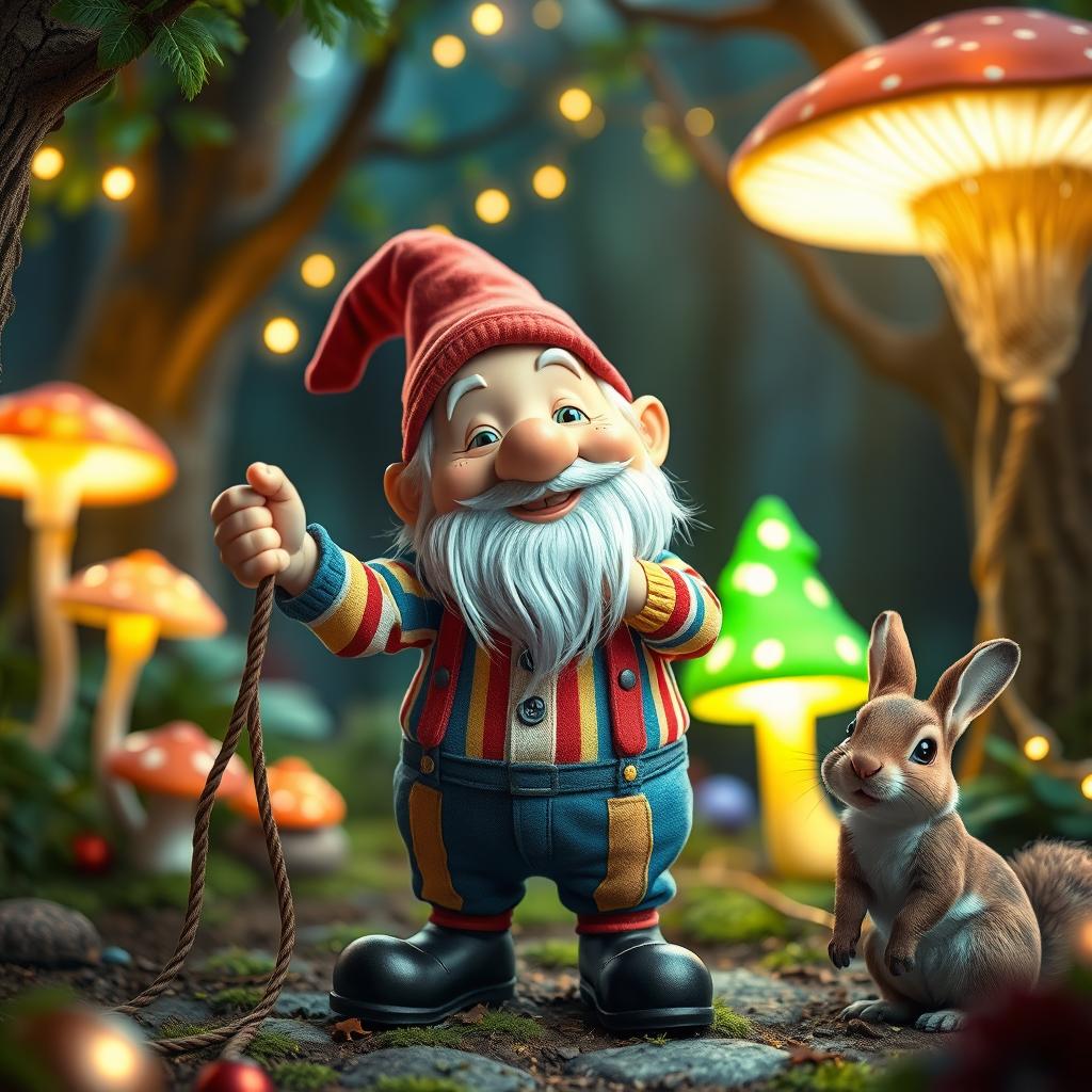 A whimsical scene featuring a gnome mime artist performing in a magical forest
