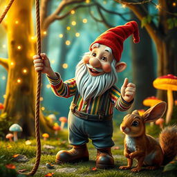 A whimsical scene featuring a gnome mime artist performing in a magical forest