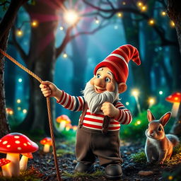 A whimsical scene featuring a gnome mime artist performing in a magical forest