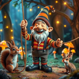 A whimsical scene featuring a gnome mime artist performing in a magical forest