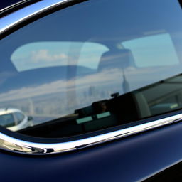 A close-up view of a car's window showcasing a sleek, dark tinted glass