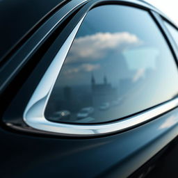 A close-up view of a car's window showcasing a sleek, dark tinted glass
