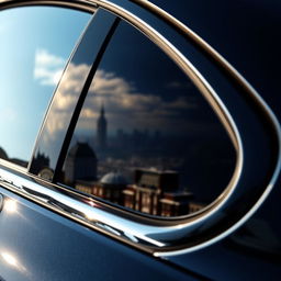 A close-up view of a car's window showcasing a sleek, dark tinted glass