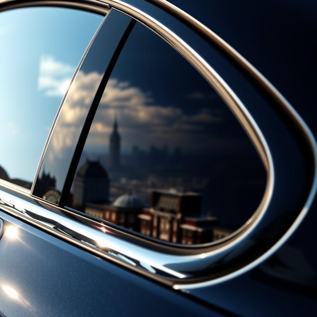 A close-up view of a car's window showcasing a sleek, dark tinted glass