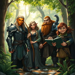 A captivating fantasy forest scene showcasing a Dungeons and Dragons group