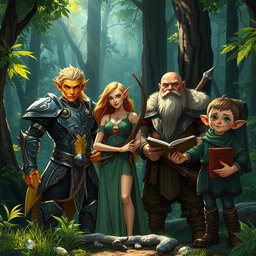 A captivating fantasy forest scene showcasing a Dungeons and Dragons group