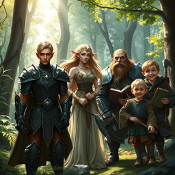 A captivating fantasy forest scene showcasing a Dungeons and Dragons group