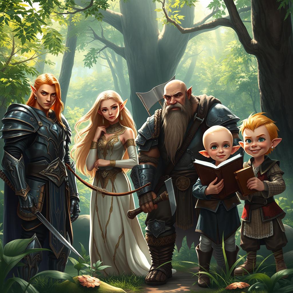 A captivating fantasy forest scene showcasing a Dungeons and Dragons group