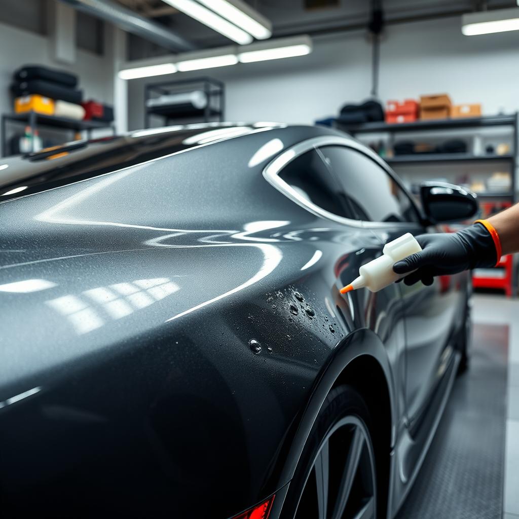 A pristine car receiving a ceramic coating treatment in an automotive detailing shop