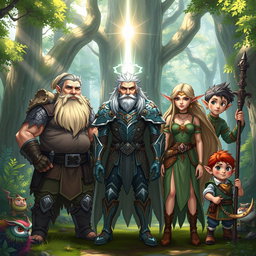 A detailed fantasy illustration featuring a diverse group of adventurers