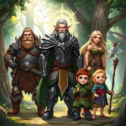A detailed fantasy illustration featuring a diverse group of adventurers
