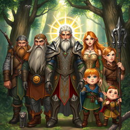 A detailed fantasy illustration featuring a diverse group of adventurers