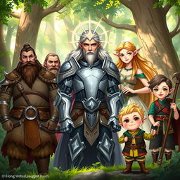 A detailed fantasy illustration featuring a diverse group of adventurers