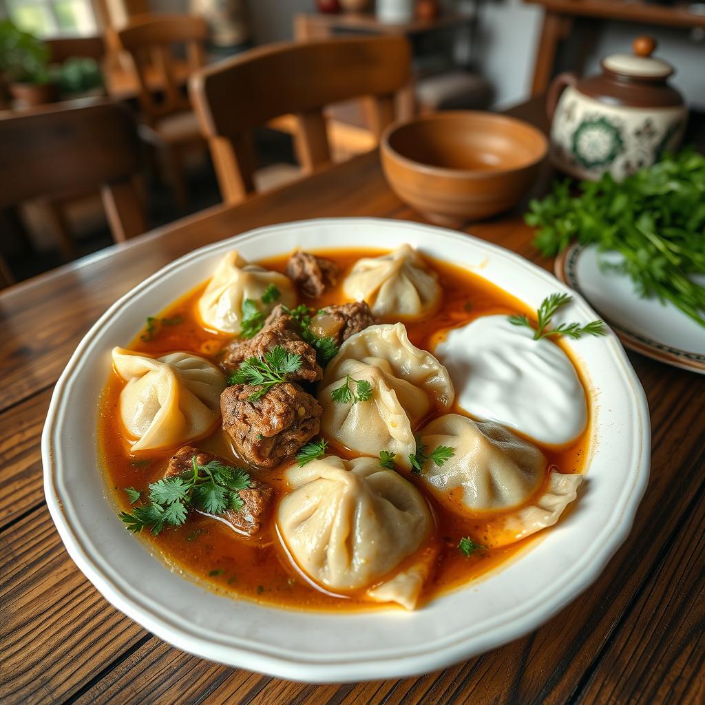 A beautifully presented plate of Хьингал, a traditional dish from the Caucasus region