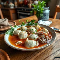 A beautifully presented plate of Хьингал, a traditional dish from the Caucasus region