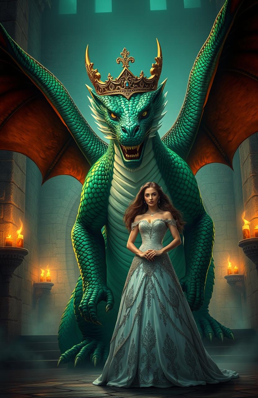 A fierce dragon king with shimmering emerald scales and an intricate crown perched on his massive head, glaring at a determined woman who is his bride