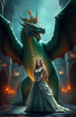 A fierce dragon king with shimmering emerald scales and an intricate crown perched on his massive head, glaring at a determined woman who is his bride