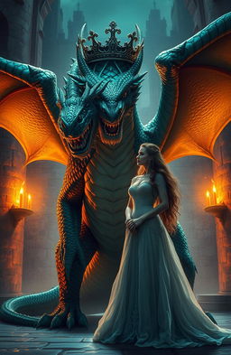 A fierce dragon king with shimmering emerald scales and an intricate crown perched on his massive head, glaring at a determined woman who is his bride