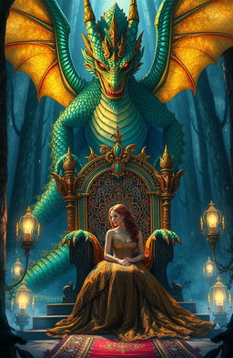 A breathtaking scene depicting a powerful dragon king amidst a fantastical kingdom, towering above his intricately designed throne