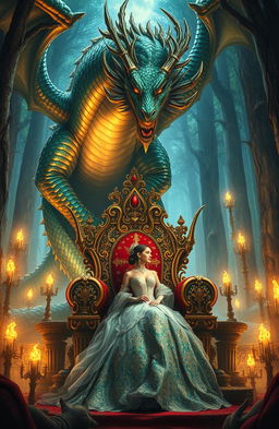 A breathtaking scene depicting a powerful dragon king amidst a fantastical kingdom, towering above his intricately designed throne