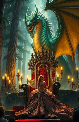 A breathtaking scene depicting a powerful dragon king amidst a fantastical kingdom, towering above his intricately designed throne