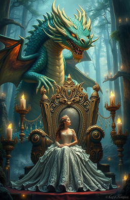 A breathtaking scene depicting a powerful dragon king amidst a fantastical kingdom, towering above his intricately designed throne