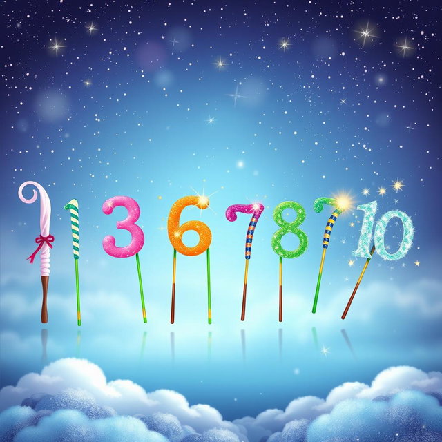 A whimsical scene depicting the numbers from one to twenty, each represented by colorful and creative magic wands