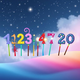 A whimsical scene depicting the numbers from one to twenty, each represented by colorful and creative magic wands
