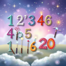A whimsical scene depicting the numbers from one to twenty, each represented by colorful and creative magic wands
