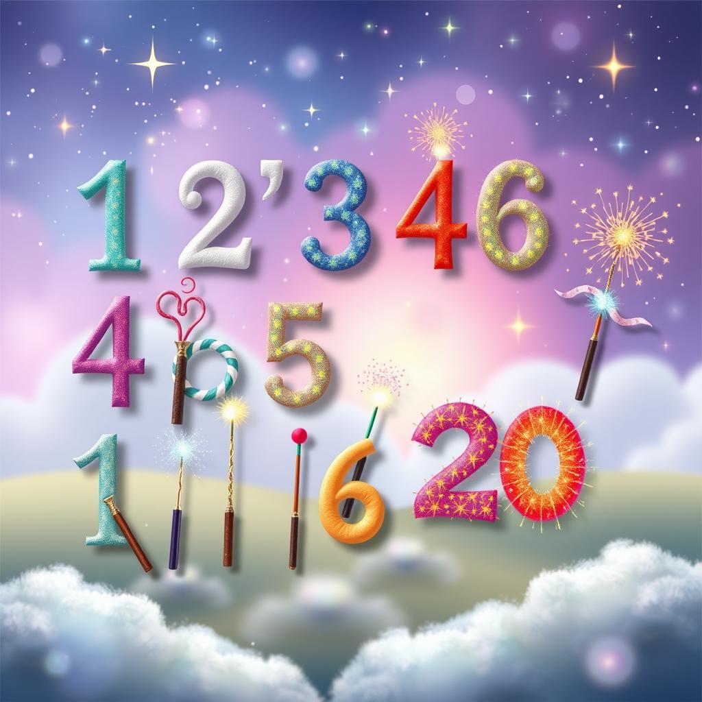 A whimsical scene depicting the numbers from one to twenty, each represented by colorful and creative magic wands