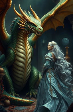 A fantasy scene depicting a regal dragon in his majestic lair, with shimmering scales in hues of emerald green and deep gold