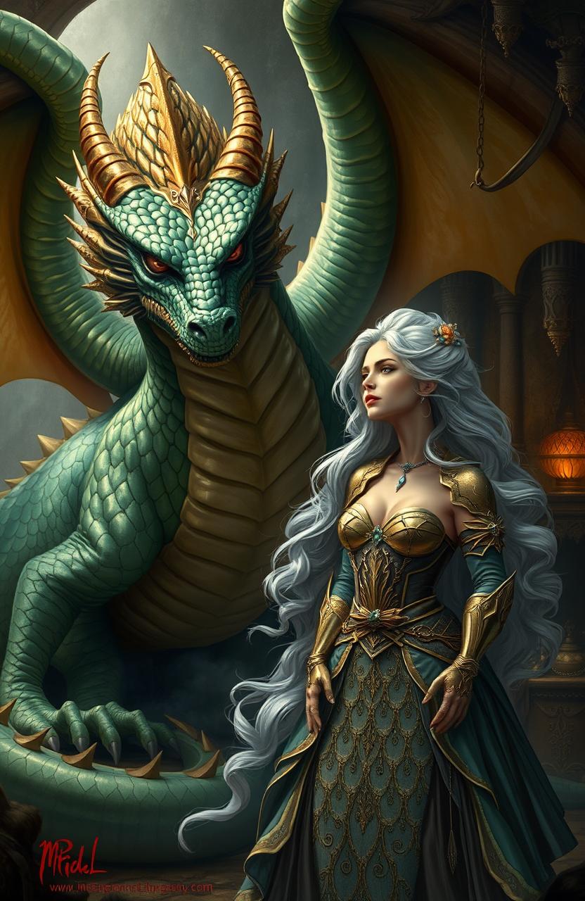 A fantasy scene depicting a regal dragon in his majestic lair, with shimmering scales in hues of emerald green and deep gold