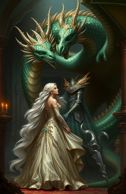 A fantasy scene depicting a regal dragon in his majestic lair, with shimmering scales in hues of emerald green and deep gold