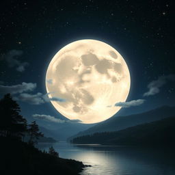 A breathtaking view of a full moon in a starry night sky, casting a soft, silvery glow on a tranquil landscape below