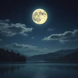 A breathtaking view of a full moon in a starry night sky, casting a soft, silvery glow on a tranquil landscape below