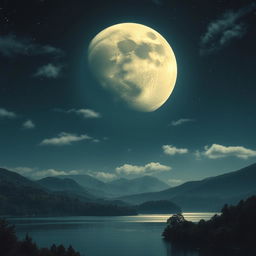 A breathtaking view of a full moon in a starry night sky, casting a soft, silvery glow on a tranquil landscape below