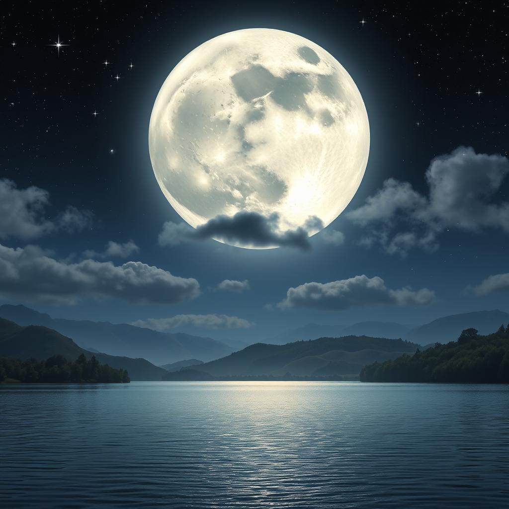 A breathtaking view of a full moon in a starry night sky, casting a soft, silvery glow on a tranquil landscape below