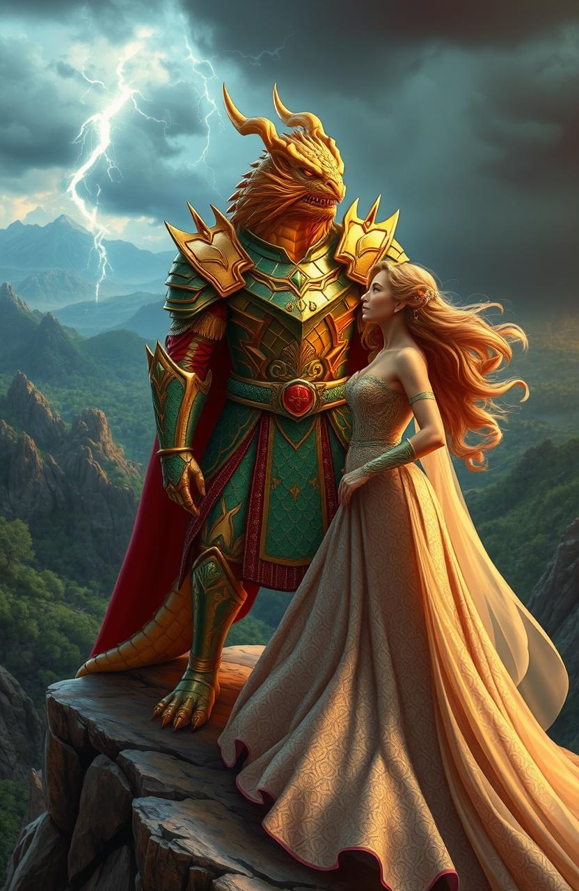 A fierce and noble dragon king stands proudly on a rocky cliff, overlooking a sprawling, mystical kingdom with mountains and forests