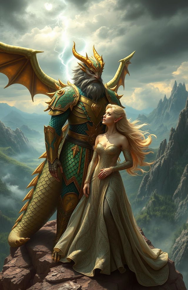 A fierce and noble dragon king stands proudly on a rocky cliff, overlooking a sprawling, mystical kingdom with mountains and forests