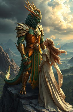 A fierce and noble dragon king stands proudly on a rocky cliff, overlooking a sprawling, mystical kingdom with mountains and forests