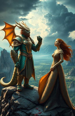 A fierce and noble dragon king stands proudly on a rocky cliff, overlooking a sprawling, mystical kingdom with mountains and forests