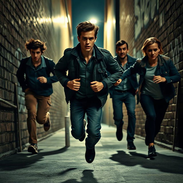 A tense scene depicting a person in a desperate attempt to escape from a group of three pursuers in an urban environment