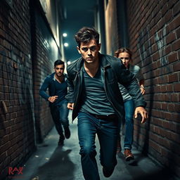 A tense scene depicting a person in a desperate attempt to escape from a group of three pursuers in an urban environment