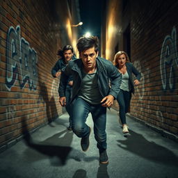 A tense scene depicting a person in a desperate attempt to escape from a group of three pursuers in an urban environment