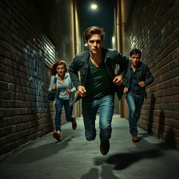 A tense scene depicting a person in a desperate attempt to escape from a group of three pursuers in an urban environment
